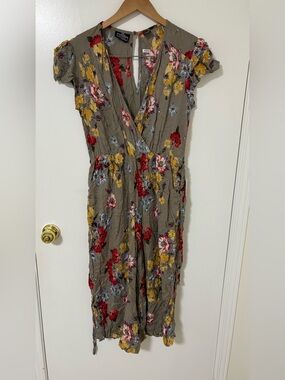 Angie Taupe Floral One-Shoulder Wrap Jumpsuit with Red & Yellow Blooms